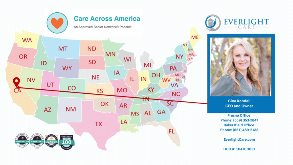 Colorful U.S. map showing a route from California to Maine for Care Across America, with Gina Kendall’s Everlight Care portrait.