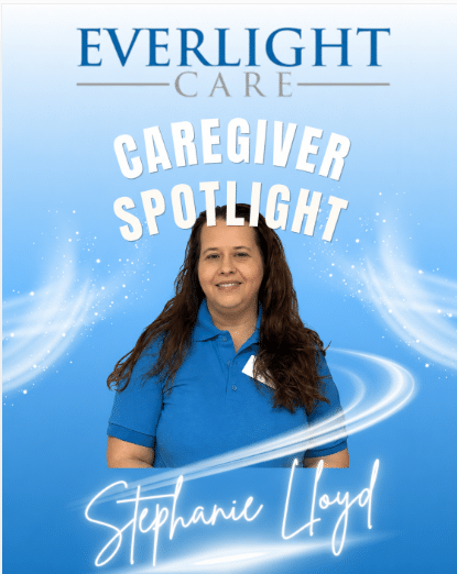 Everlight Care caregiver spotlight featuring Stephanie Loyd; portrait of a smiling woman in a blue polo against a blue gradient with decorative swirls.