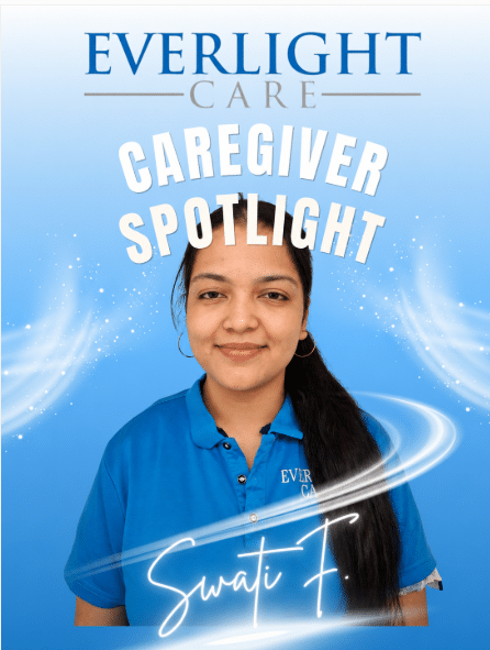 Everlight Care: Caregiver Spotlight with Swati F., a smiling caregiver in a blue polo against a blue gradient.