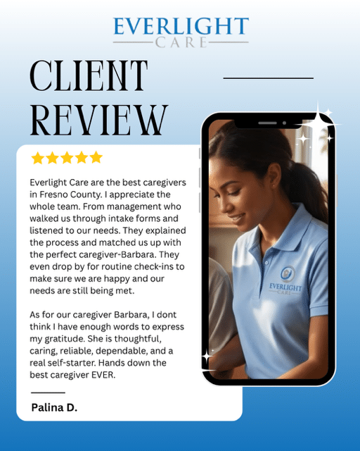 Everlight Care client review: five-star rating, testimonial text on a white card, and a smartphone frame showing a smiling caregiver in a blue uniform.