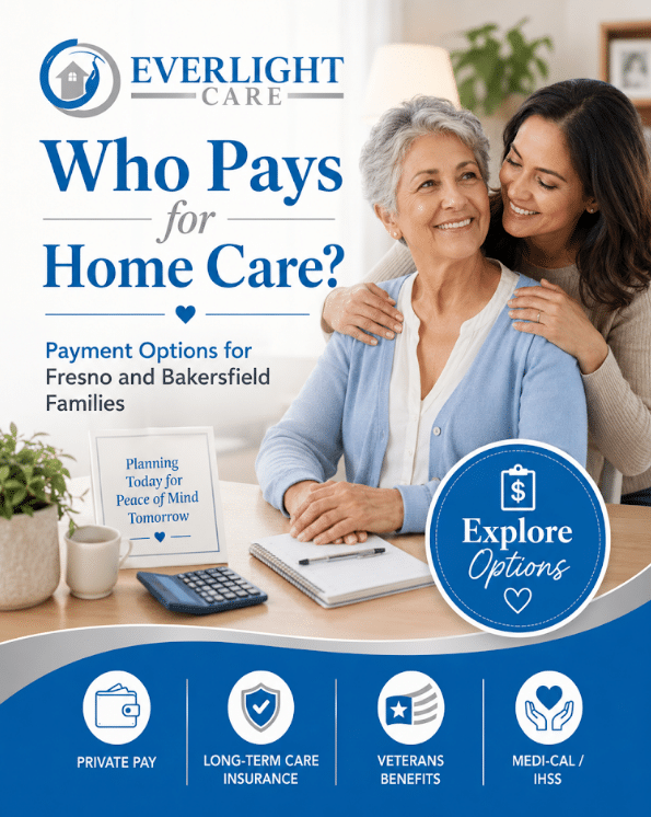Everlight Care infographic titled 'Who Pays for Home Care?' with two smiling women; text 'Payment Options for Fresno and Bakersfield Families' and a blue circular 'Explore Options' badge; bottom icons show Private Pay, Long-Term Care Insurance, Veterans Benefits, Medi-Cal/IHSS.