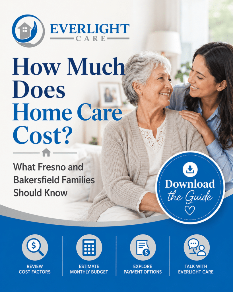 Everlight Care poster showing an elderly woman with a caregiver, beside the headline 'How Much Does Home Care Cost?' and a 'Download the Guide' badge.