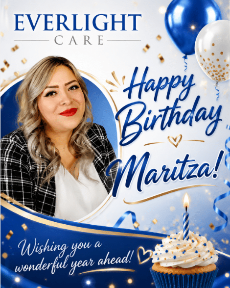 Birthday card from Everlight Care featuring a photo of Maritza, blue-and-white design with balloons and confetti; text reads 'Happy Birthday Maritza!' and 'Wishing you a wonderful year ahead'.